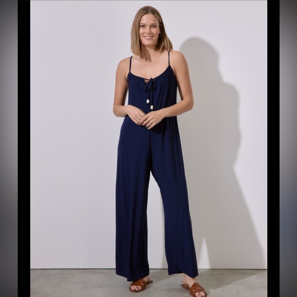 Tash + Sophie Navy Blue Jumpsuit Boho Wide Leg Wedding Guest Spring